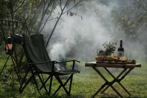 Chaise et table de camping pliantes avec vin et fruits près d'arbres en brume