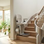 Monte-escalier moderne sur un escalier tournant, maison lumineuse