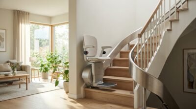 Monte-escalier moderne sur un escalier tournant, maison lumineuse