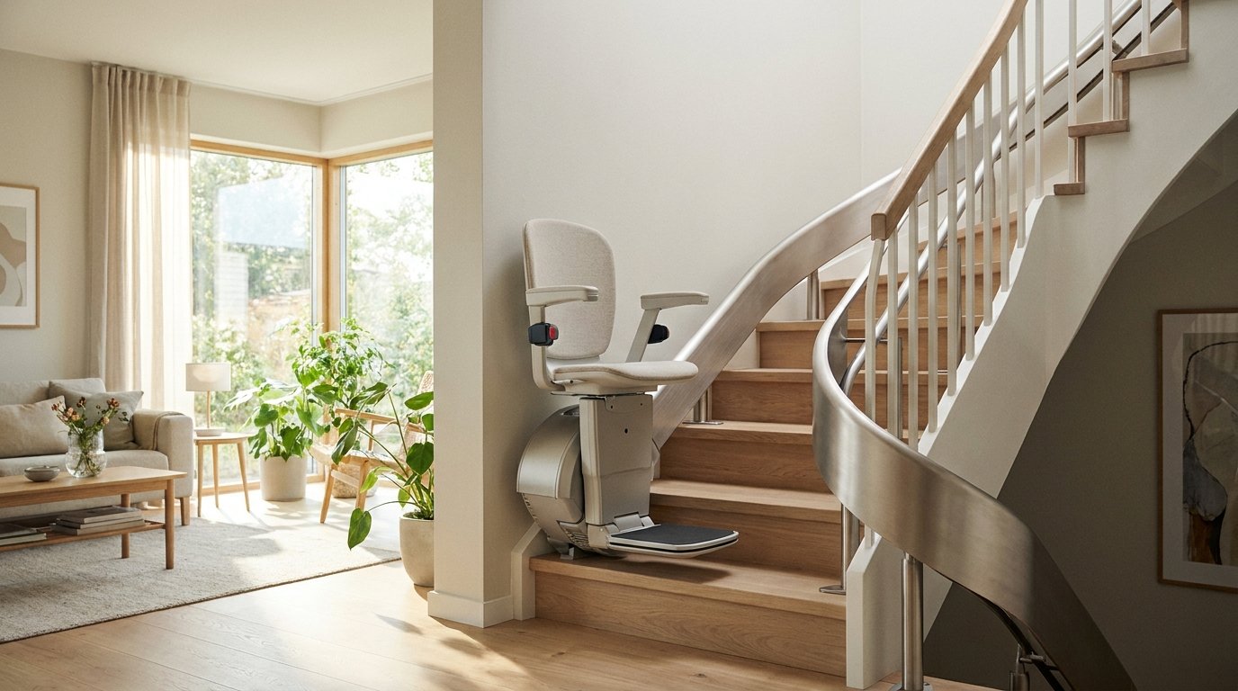 Monte-escalier moderne sur un escalier tournant, maison lumineuse