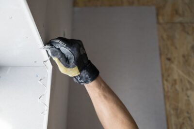 Une main gantée applique de la pâte à joint sur un mur blanc