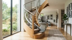 Monte-escalier moderne sur un escalier tournant, maison lumineuse